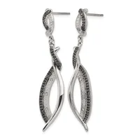 A pair of silver drop earrings with black and clear gemstones arranged in a twisted leaf pattern, displayed against a white background.