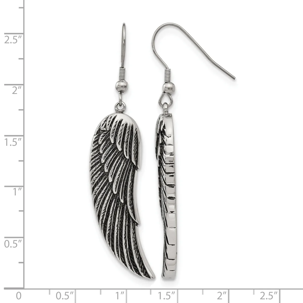 A pair of silver-toned dangle earrings featuring detailed wing-shaped pendants with feather texturing, displayed against a measurement scale.