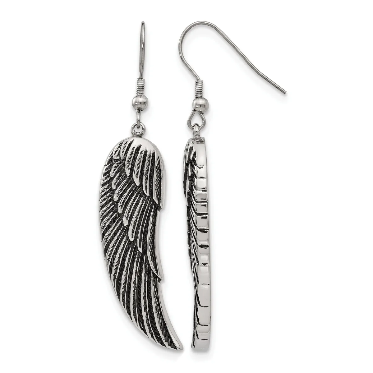 A pair of silver-toned dangle earrings with fish hook wires, one featuring an embossed feather design and the other showing a ridged cylindrical shape, displayed side by side.