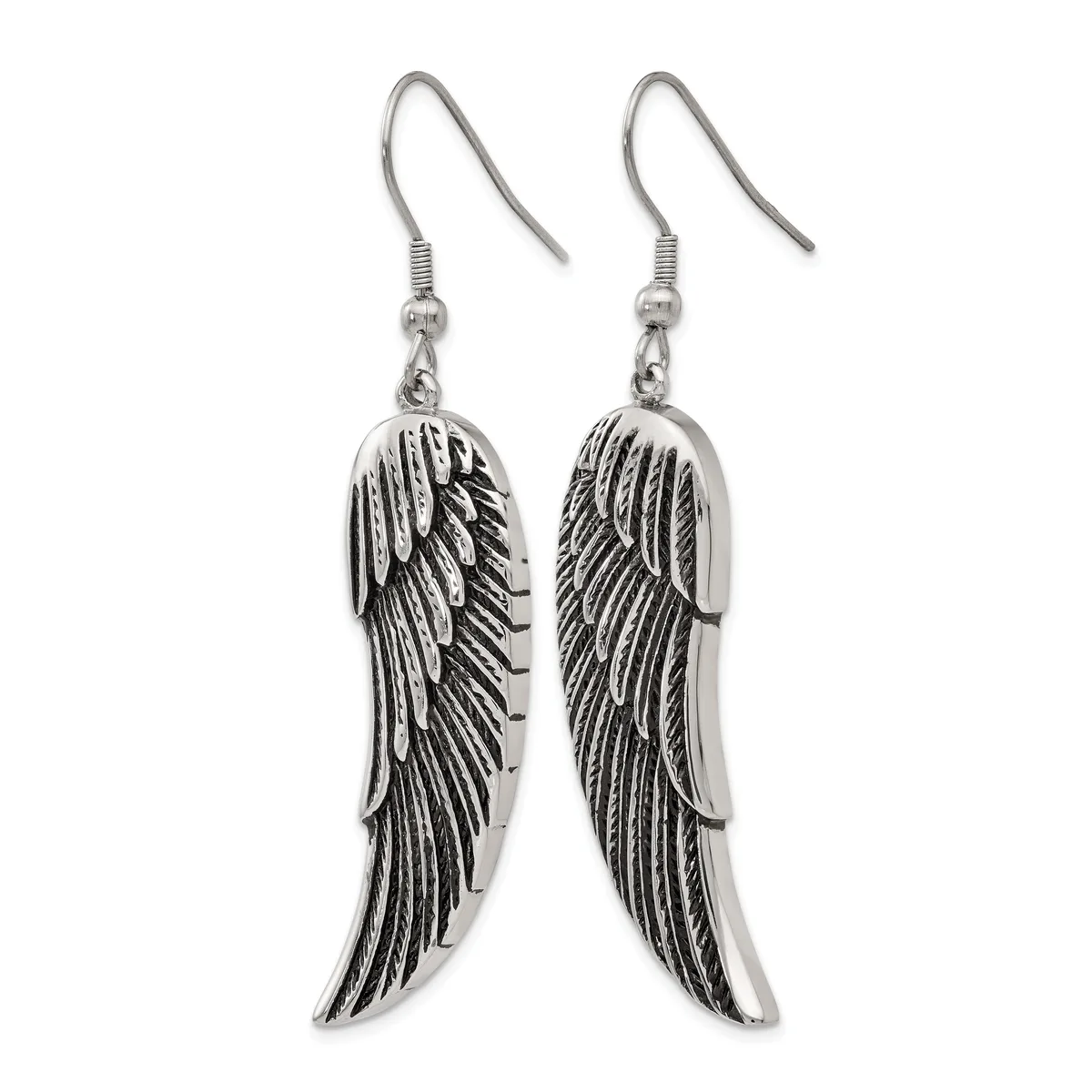 A pair of silver-toned dangling earrings with detailed wing designs, suspended from fish hook-style ear wires.