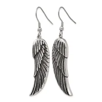 A pair of silver-toned dangling earrings with detailed wing designs, suspended from fish hook-style ear wires.