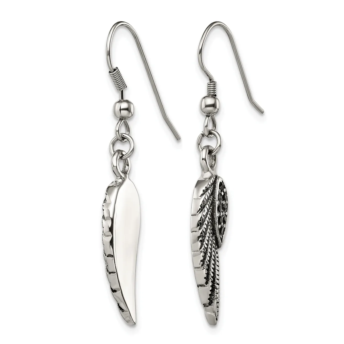 Pair of silver feather-shaped dangle earrings with French wire hooks, shown from front and back views.