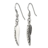 Pair of silver feather-shaped dangle earrings with French wire hooks, shown from front and back views.