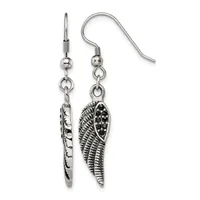 A pair of silver-toned dangle earrings with fish-shaped charms featuring detailed scale texturing and small studded details, suspended from curved ear wires.