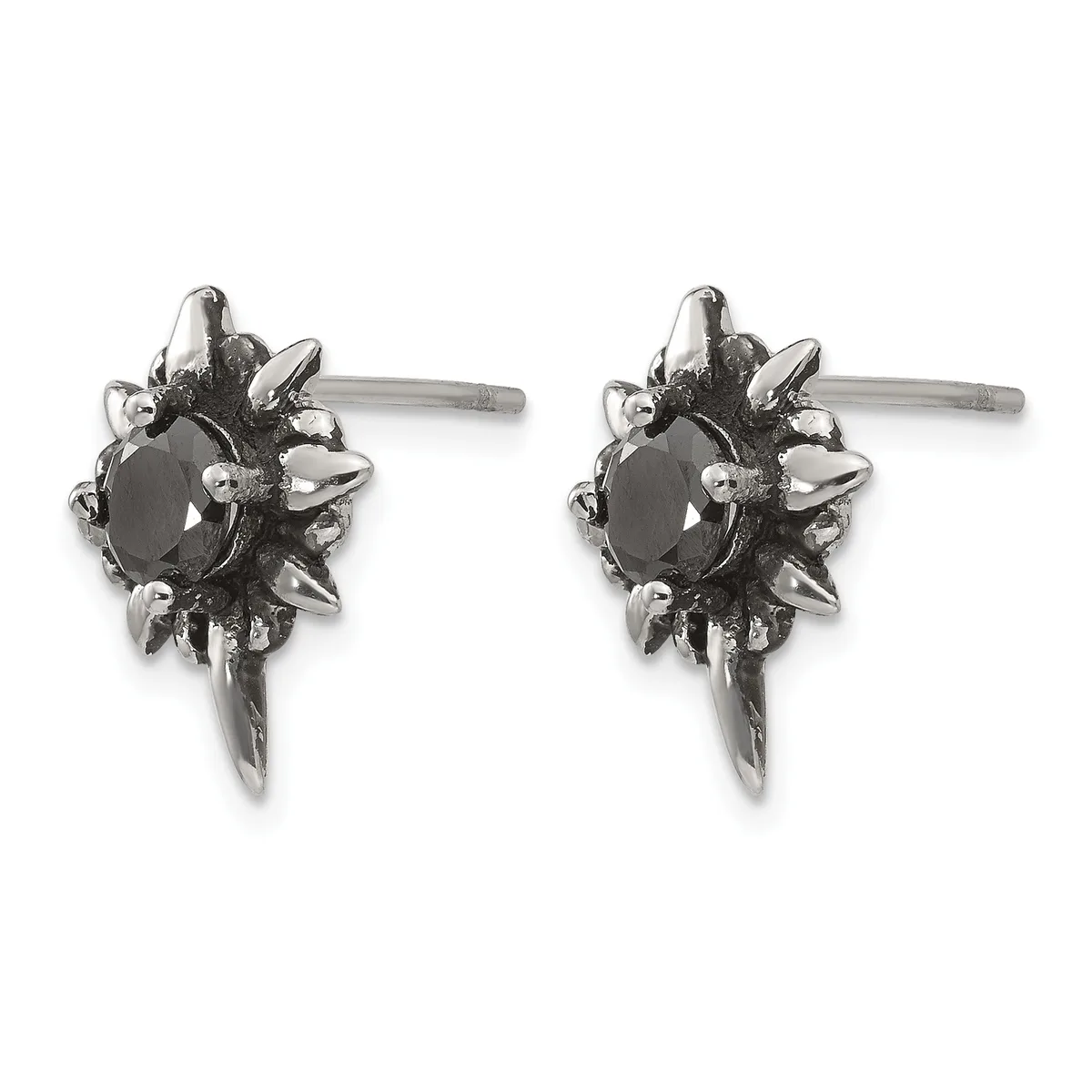 Pair of silver stud earrings featuring dark round stones surrounded by pointed spikes radiating outward, shown from the front on a white background.