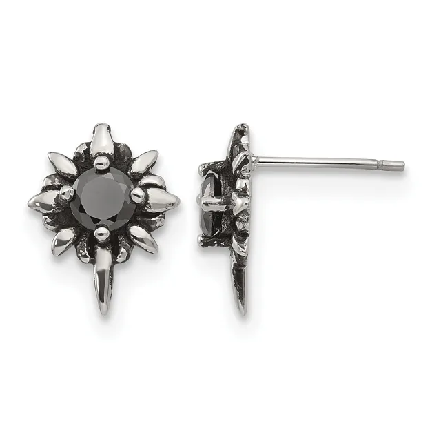 Pair of stud earrings featuring black round gemstones surrounded by spiked metal petals in oxidized silver, shown from front and side views.