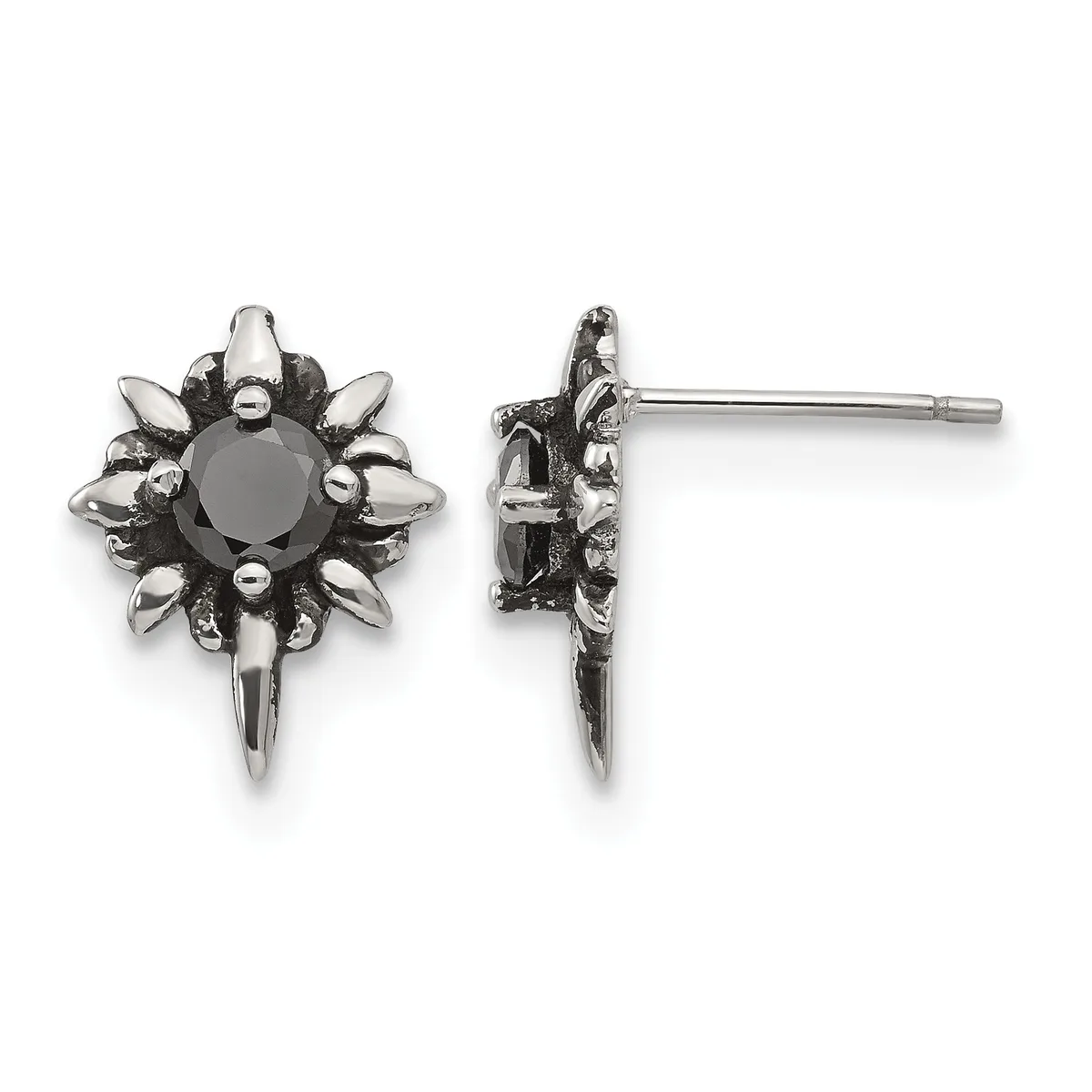 Pair of stud earrings featuring black round gemstones surrounded by spiked metal petals in oxidized silver, shown from front and side views.