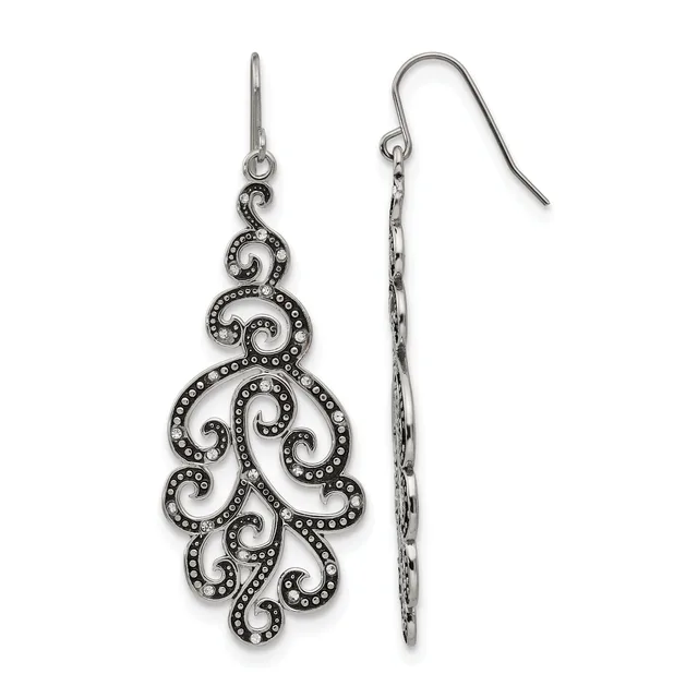Pair of ornate silver-tone filigree drop earrings with scrollwork designs and small beaded details, shown from front and side views with fish hook closures.