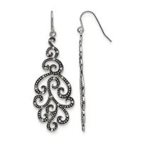 Pair of ornate silver-tone filigree drop earrings with scrollwork designs and small beaded details, shown from front and side views with fish hook closures.