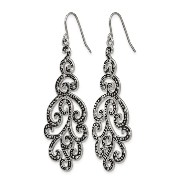 A pair of ornate silver filigree dangle earrings with scrolling baroque-inspired designs and beaded detailing, shown hanging against a white background.