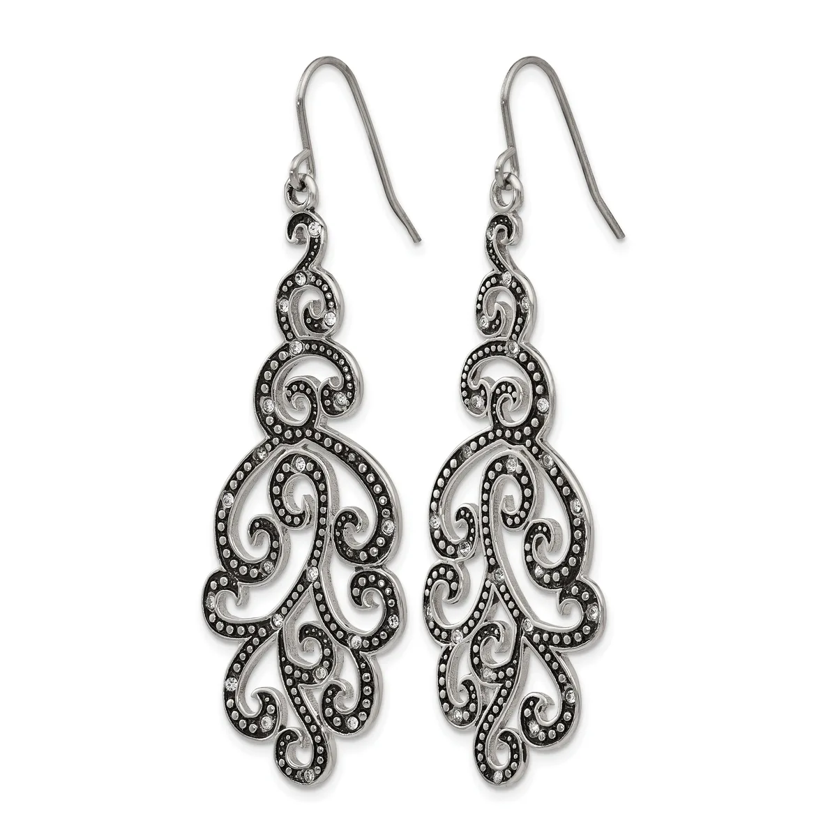A pair of ornate silver filigree dangle earrings with scrolling baroque-inspired designs and beaded detailing, shown hanging against a white background.