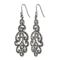 A pair of ornate silver filigree dangle earrings with scrolling baroque-inspired designs and beaded detailing, shown hanging against a white background.