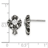 Pair of ornate silver stud earrings with cross-shaped designs featuring round clear gemstones in the center, shown front and side view against a ruler measuring approximately half an inch tall.