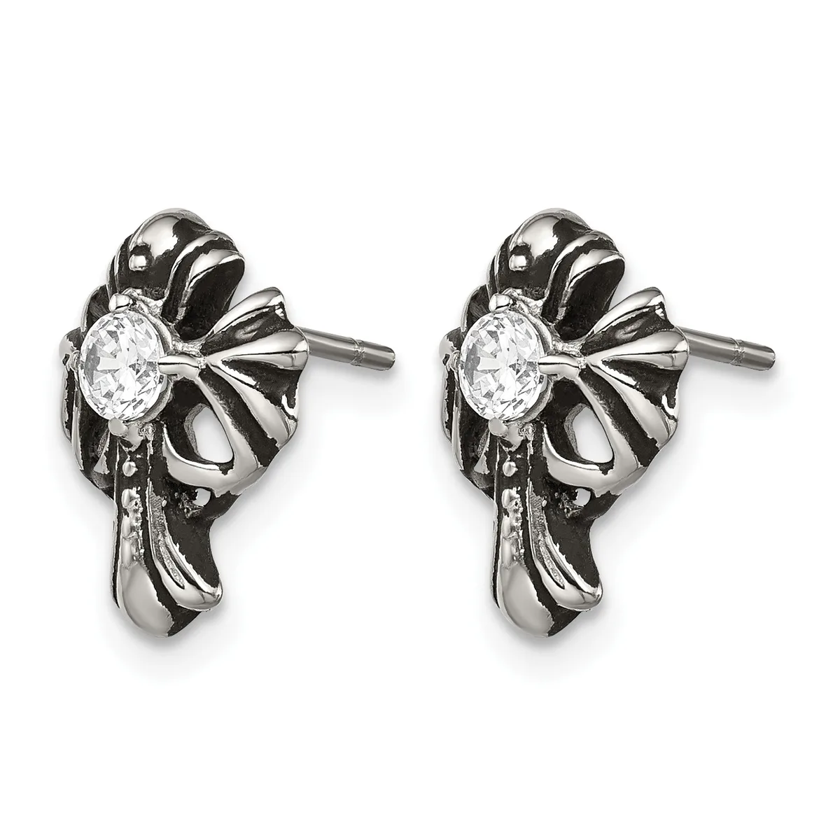 Pair of stainless steel bow-shaped stud earrings with round clear cubic zirconia centers and small hallmarks on the posts.