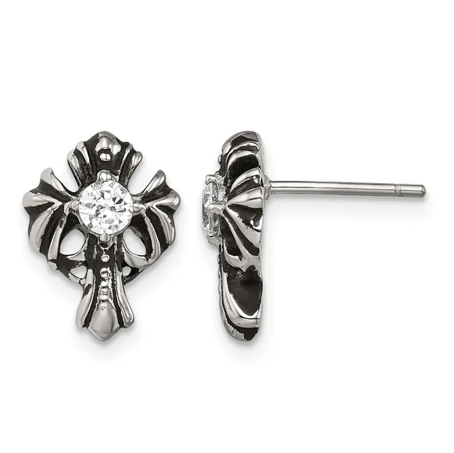Pair of stainless steel cross-shaped stud earrings with ornate wings and a round clear crystal stone in the center, shown from front and side views.