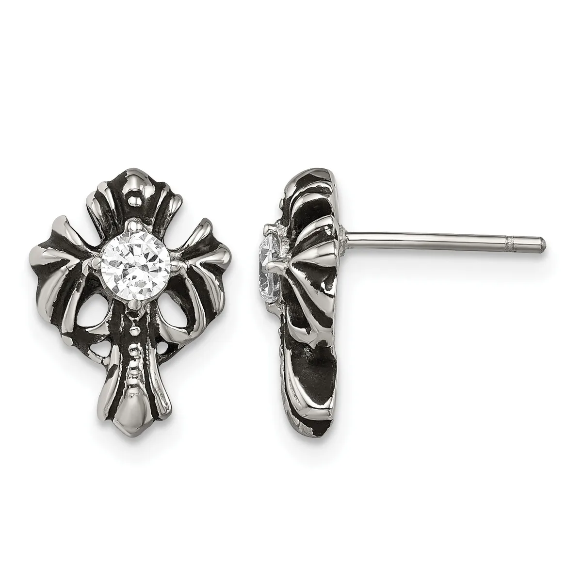 Pair of stainless steel cross-shaped stud earrings with ornate wings and a round clear crystal stone in the center, shown from front and side views.