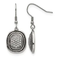 Pair of silver-tone dangle earrings with oval frames featuring twisted rope borders around crystal-filled centers, shown from front and side views.