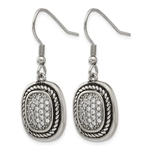 Pair of silver-tone dangle earrings with oval pendants featuring twisted rope borders and pave-set clear stones on fish hook wires.