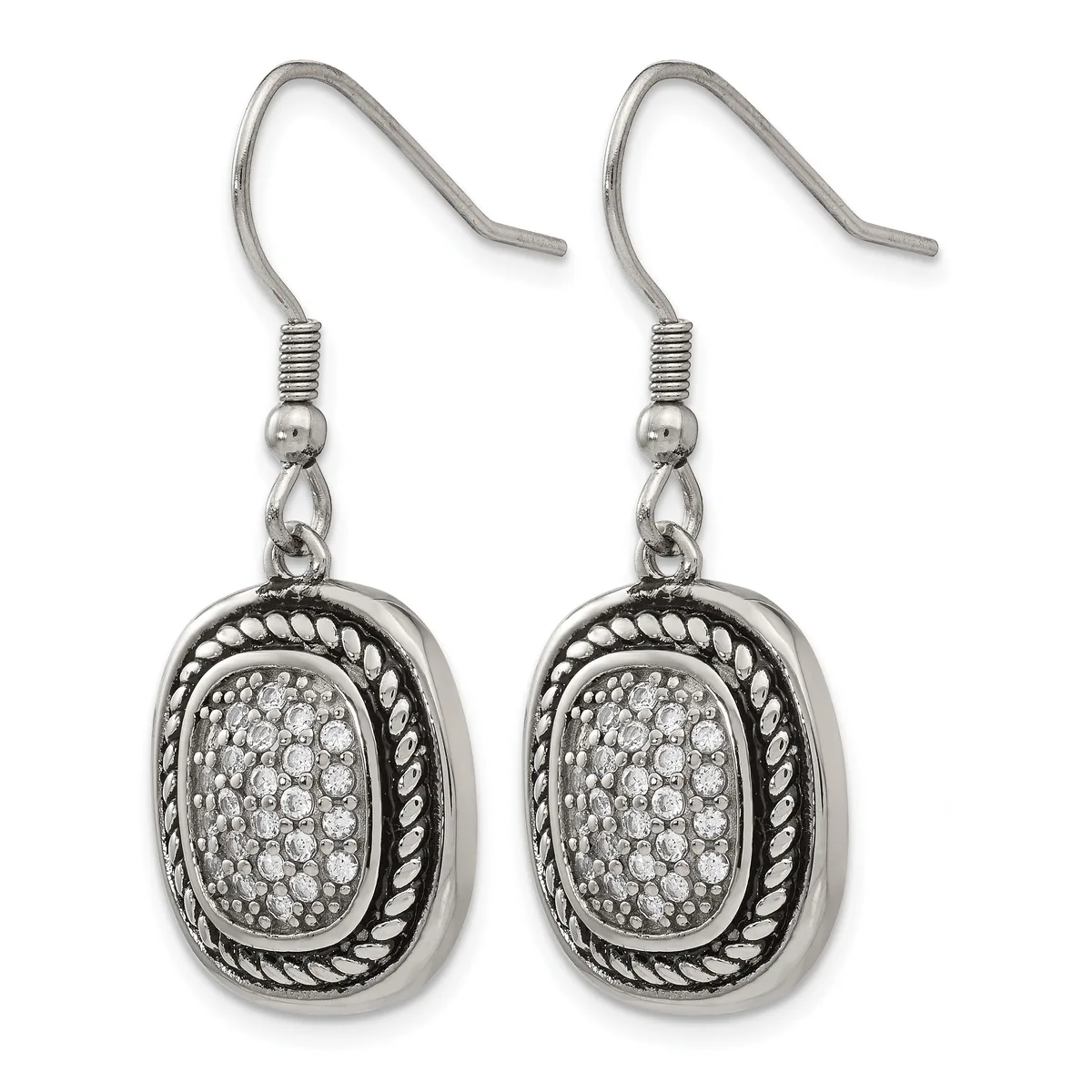 Pair of silver-tone dangle earrings with oval pendants featuring twisted rope borders and pave-set clear stones on fish hook wires.