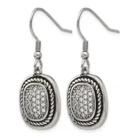 Pair of silver-tone dangle earrings with oval pendants featuring twisted rope borders and pave-set clear stones on fish hook wires.