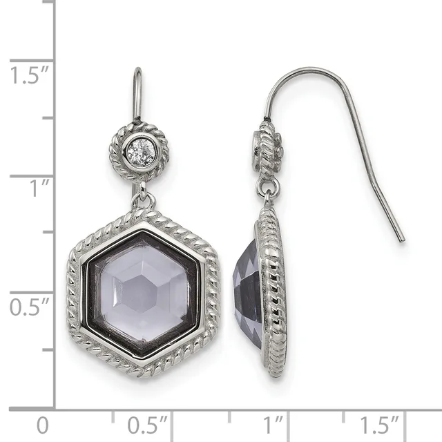 A pair of silver dangle earrings with twisted rope borders, each featuring a hexagonal faceted gray stone below a small round diamond, shown front and back against a measurement scale.