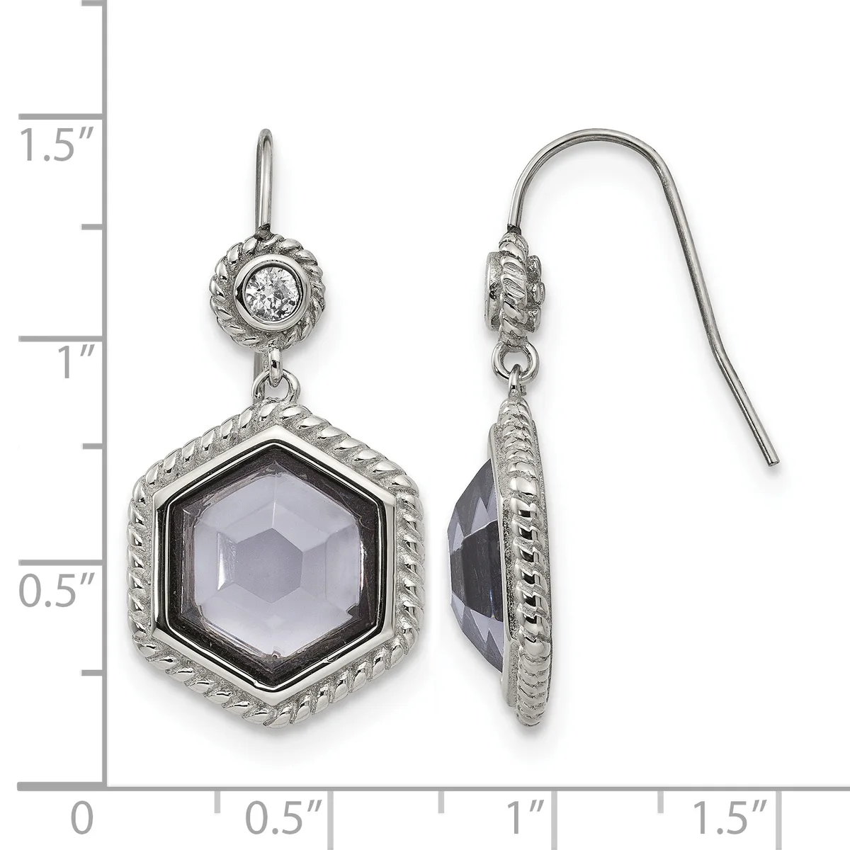 A pair of silver dangle earrings with twisted rope borders, each featuring a hexagonal faceted gray stone below a small round diamond, shown front and back against a measurement scale.