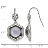 A pair of silver dangle earrings with twisted rope borders, each featuring a hexagonal faceted gray stone below a small round diamond, shown front and back against a measurement scale.