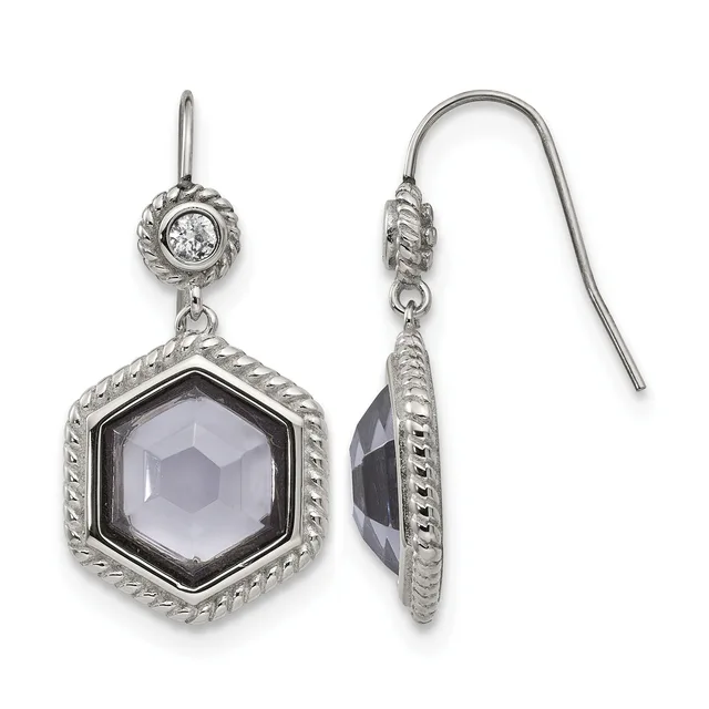 A pair of silver drop earrings with a small circular diamond at the top and a larger hexagonal faceted gray stone in a twisted rope-edged frame, shown from front and side views.