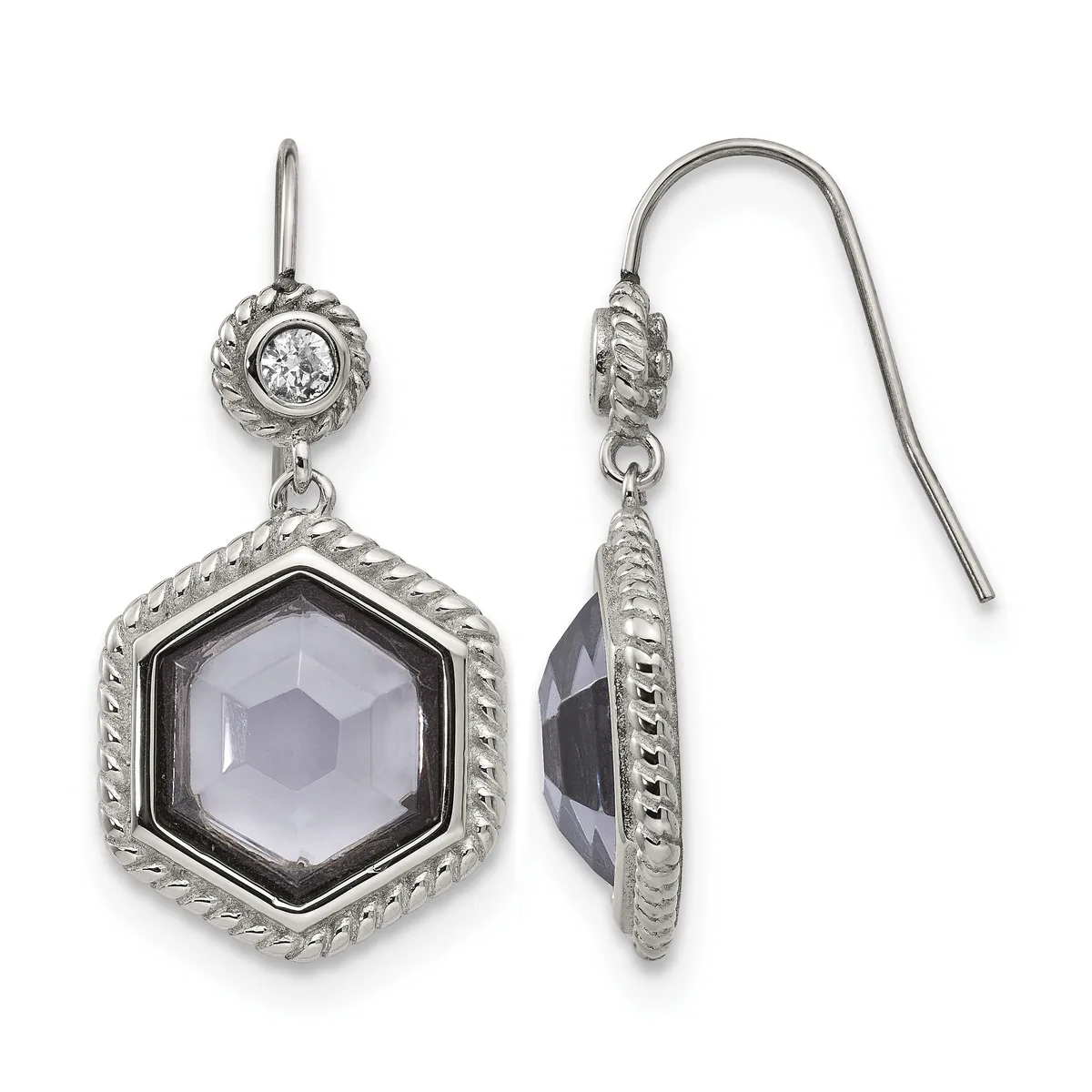 A pair of silver drop earrings with a small circular diamond at the top and a larger hexagonal faceted gray stone in a twisted rope-edged frame, shown from front and side views.