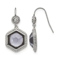 A pair of silver drop earrings with a small circular diamond at the top and a larger hexagonal faceted gray stone in a twisted rope-edged frame, shown from front and side views.
