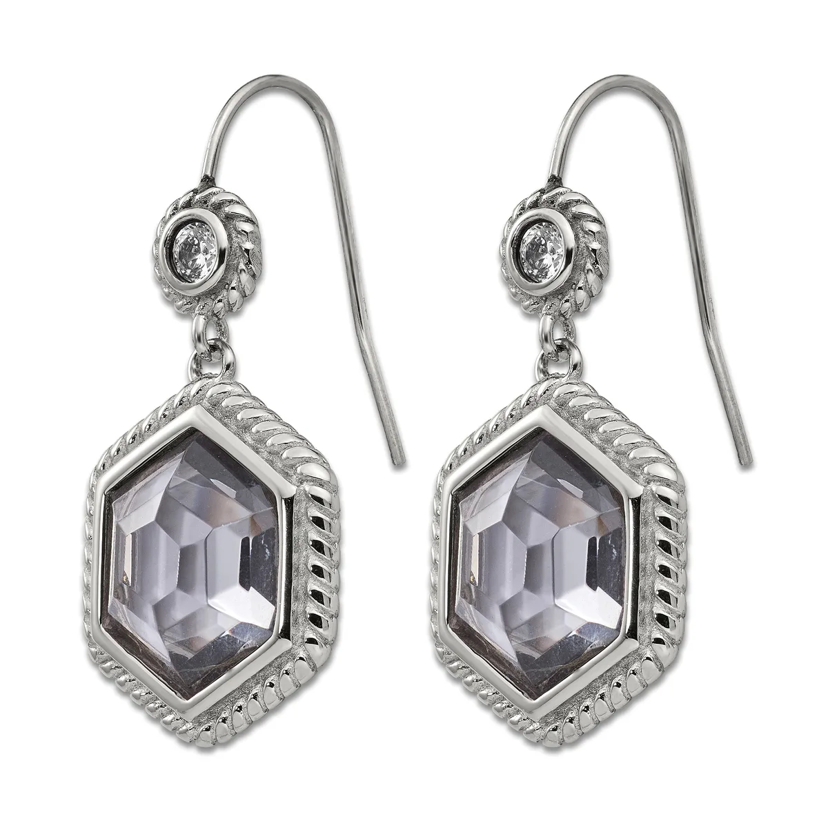 Pair of silver drop earrings with decorative wire hooks, featuring hexagonal faceted gray gemstones in ornate bezels suspended from small circular crystal studs.