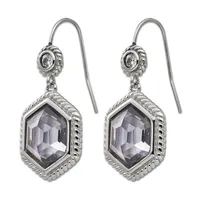 Pair of silver drop earrings with decorative wire hooks, featuring hexagonal faceted gray gemstones in ornate bezels suspended from small circular crystal studs.