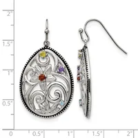 Ornate silver teardrop earrings with scrollwork filigree design and colorful gemstones, shown front and back view against a measurement ruler.