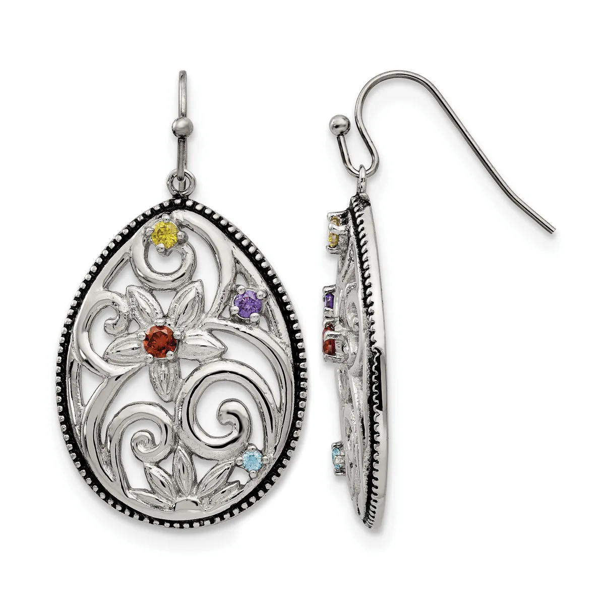A pair of silver teardrop earrings with ornate scrollwork design and multicolored gemstones, shown from front and side views.