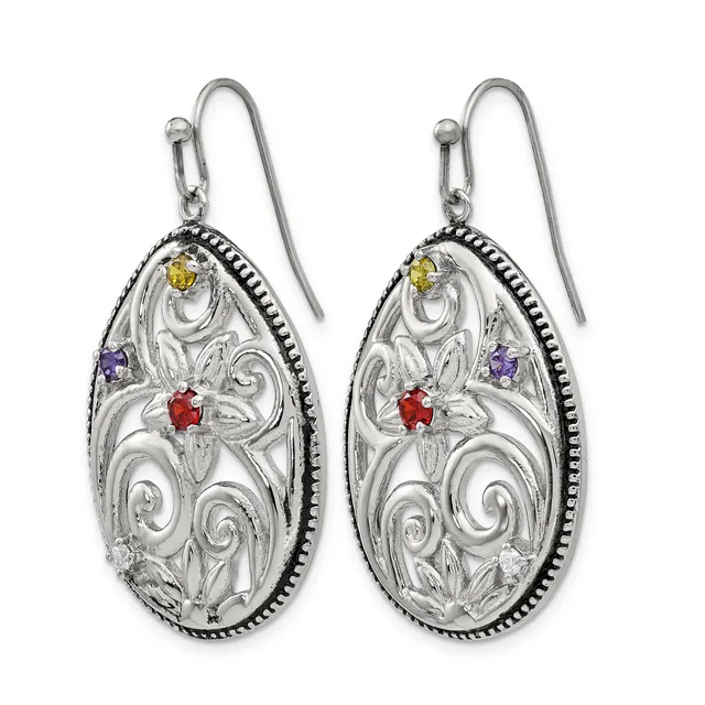 A pair of silver teardrop earrings with ornate scrollwork design featuring small red, purple, and yellow gemstones, suspended from hook-style ear wires.