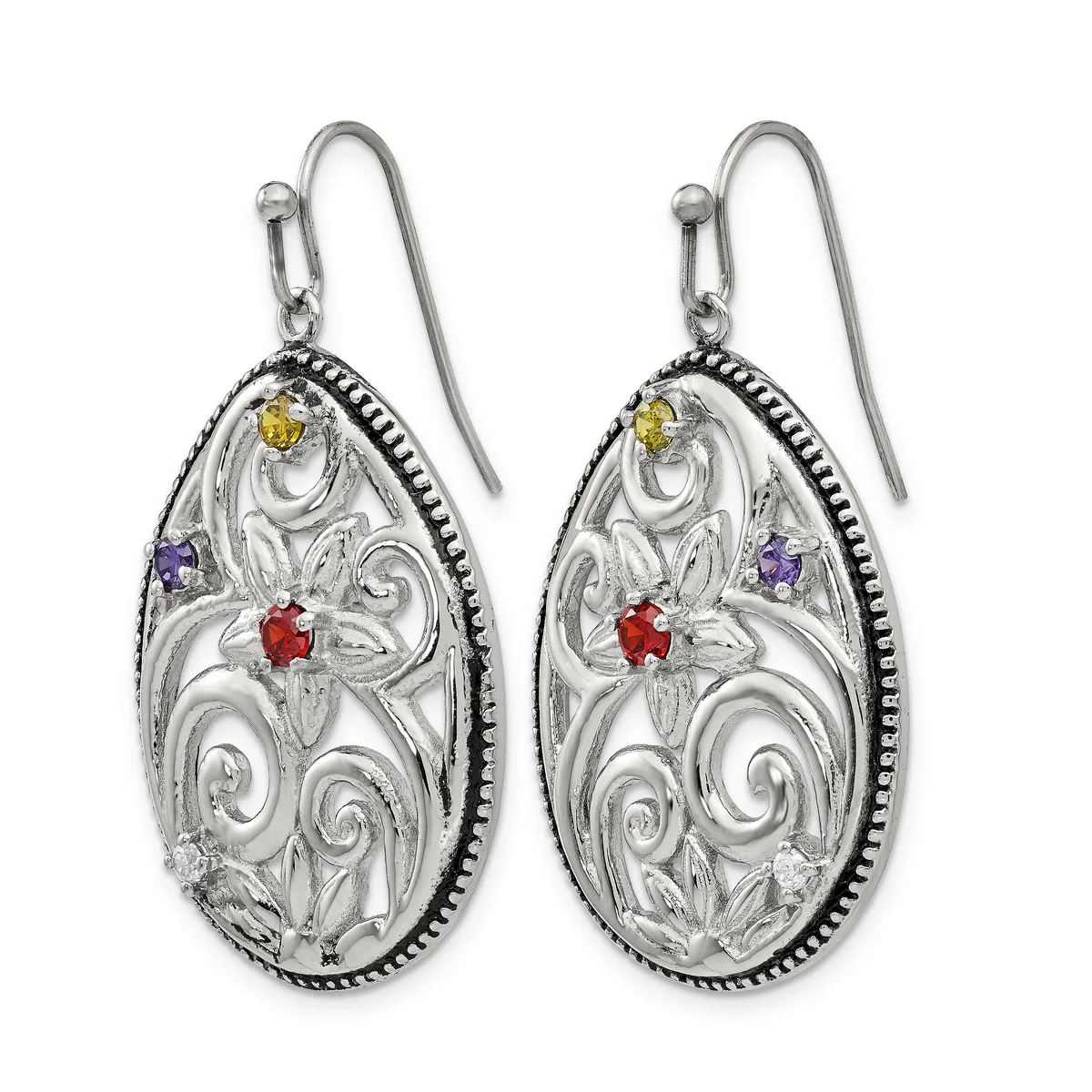 A pair of silver teardrop earrings with ornate scrollwork design featuring small red, purple, and yellow gemstones, suspended from hook-style ear wires.