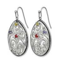 A pair of silver teardrop earrings with ornate scrollwork design featuring small red, purple, and yellow gemstones, suspended from hook-style ear wires.