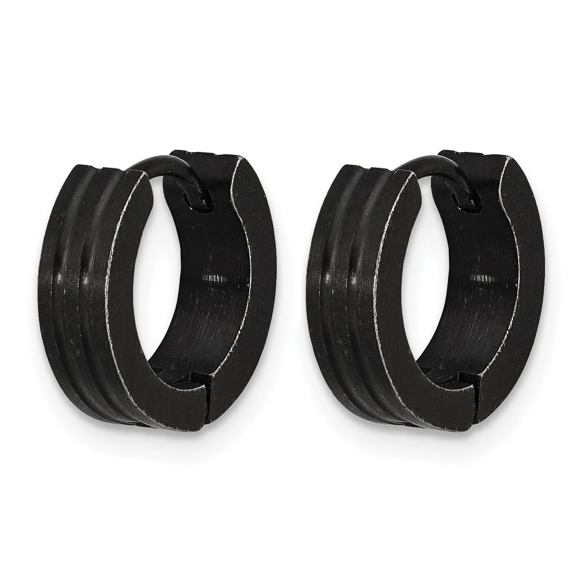 A pair of black textured hoop earrings with a polished finish and hinged clasp closures, shown from a front view.