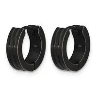 A pair of black textured hoop earrings with a polished finish and hinged clasp closures, shown from a front view.
