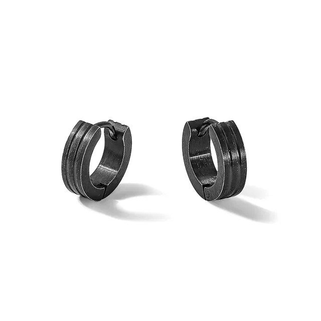 Pair of black metal hoop earrings with grooved surface texture, shown from front and back views against a white background.