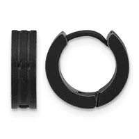 A pair of black textured hoop earrings shown from front and side views, featuring a ridged surface pattern and a hinged post closure.