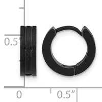 Two black metal hoop earrings shown from front and side views next to a ruler indicating approximately 0.5 inches in width and thickness.