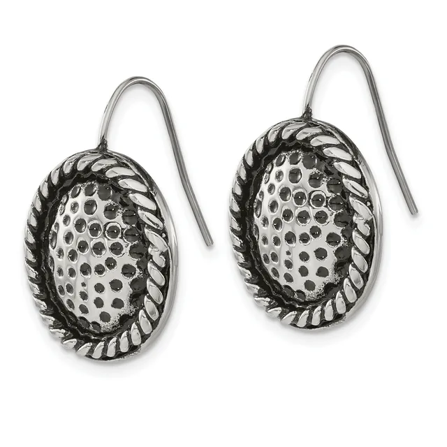 A pair of silver earrings with oval frames featuring twisted rope borders around dotted centers, suspended from curved ear wires.