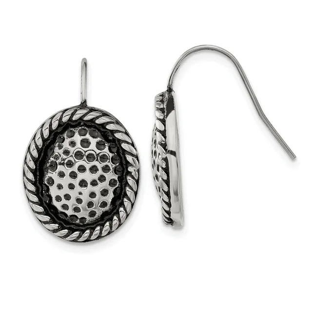 Pair of silver oval drop earrings with rope-textured borders and dotted centers, shown from front and side views.
