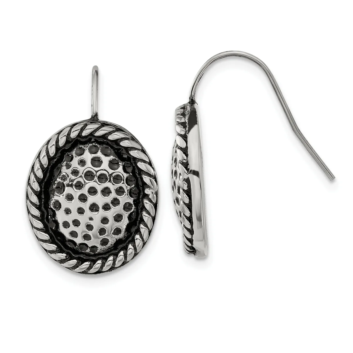 Pair of silver oval drop earrings with rope-textured borders and dotted centers, shown from front and side views.