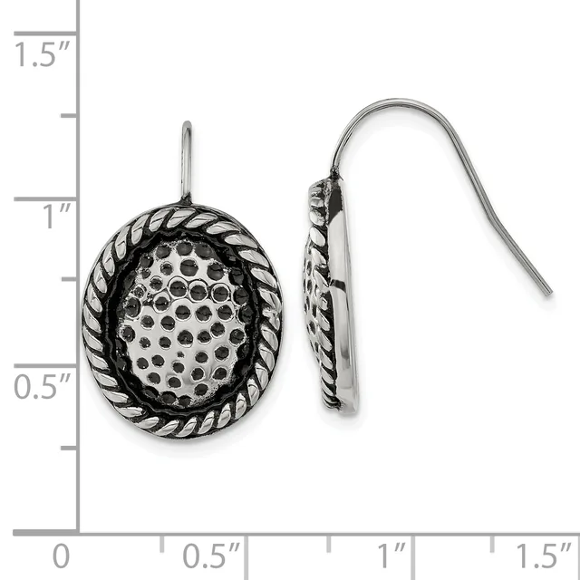 Pair of silver oval dangle earrings with twisted rope borders and dotted centers, shown front and side view next to a measurement scale.