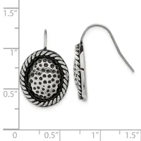 Pair of silver oval dangle earrings with twisted rope borders and dotted centers, shown front and side view next to a measurement scale.