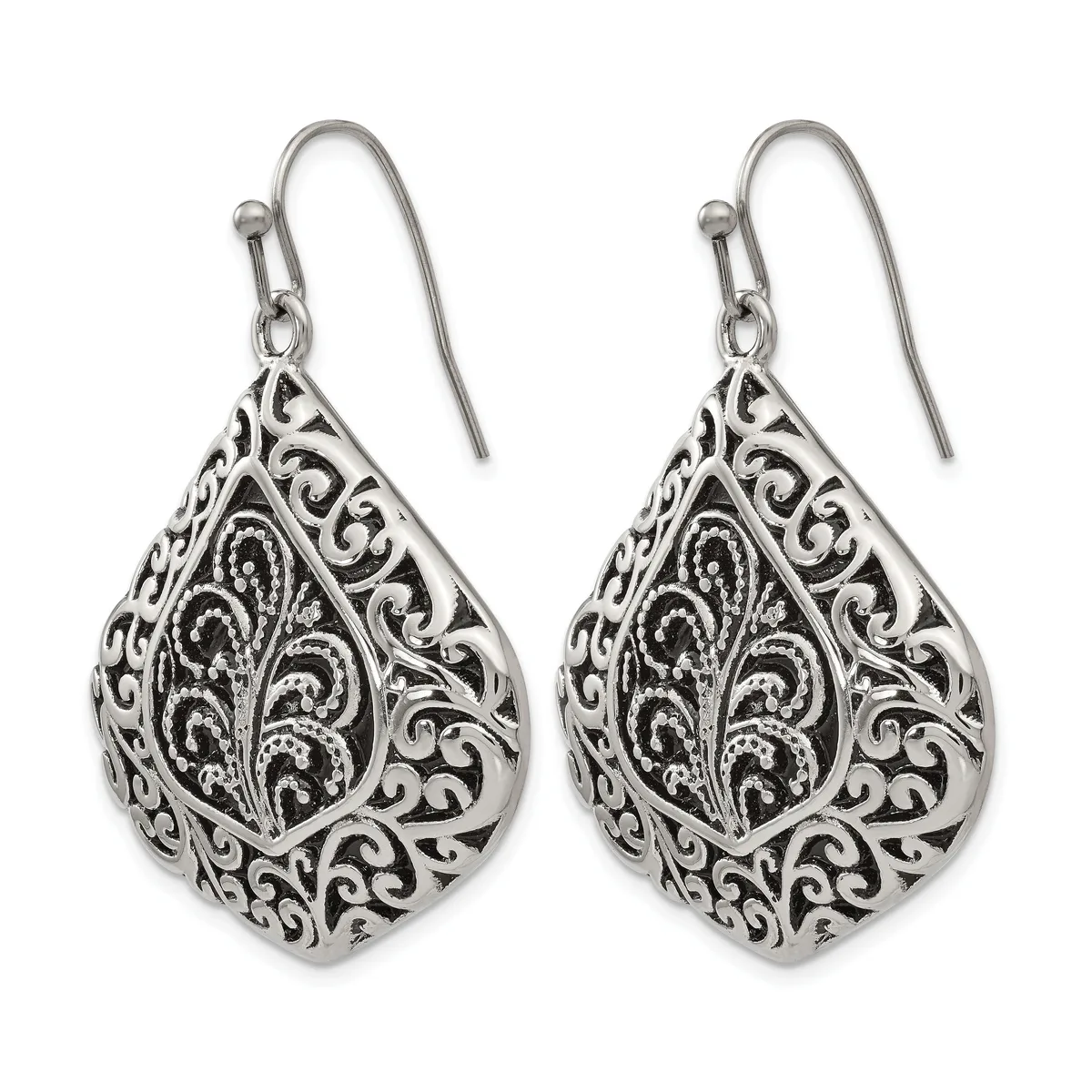 Pair of silver teardrop earrings with ornate filigree scrollwork design and fish hook wires.