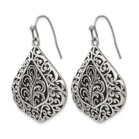 Pair of silver teardrop earrings with ornate filigree scrollwork design and fish hook wires.
