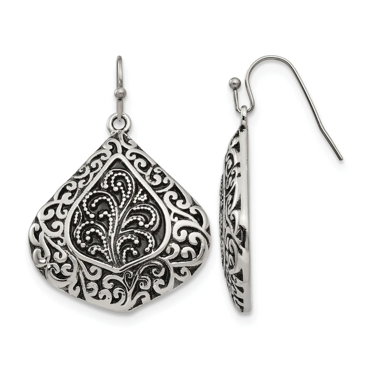Pair of ornate teardrop-shaped silver earrings with filigree scrollwork design, shown from front and side views.